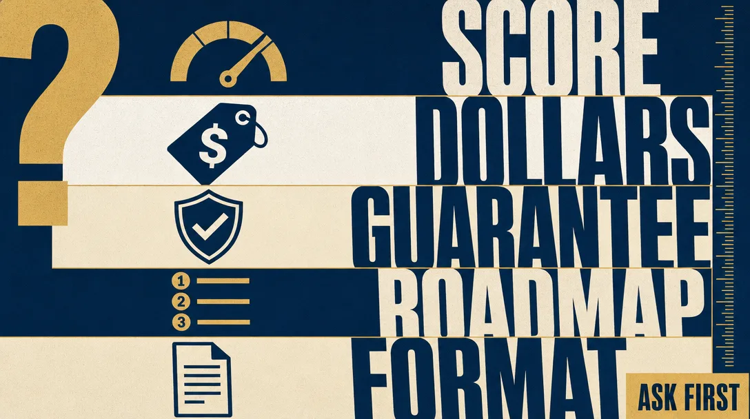 Editorial bento poster with five panels labeled score, dollars, guarantee, roadmap, and format, representing the five questions to ask before paying for a digital audit