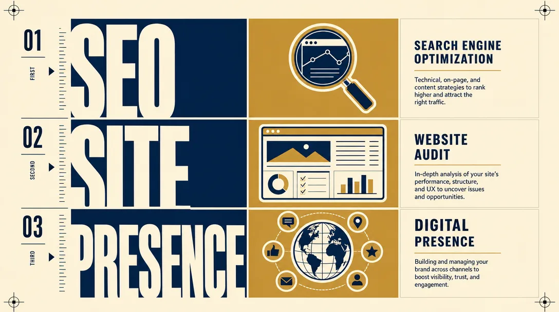 Editorial bento illustration comparing SEO audit, website audit, and digital presence audit using three colored panels in navy and gold