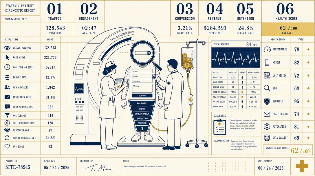 Editorial diagnostic chart illustration of a nurse and a doctor examining a website made of magnifying glass, form, and CRM funnel components with high-tech medical gear in navy and gold