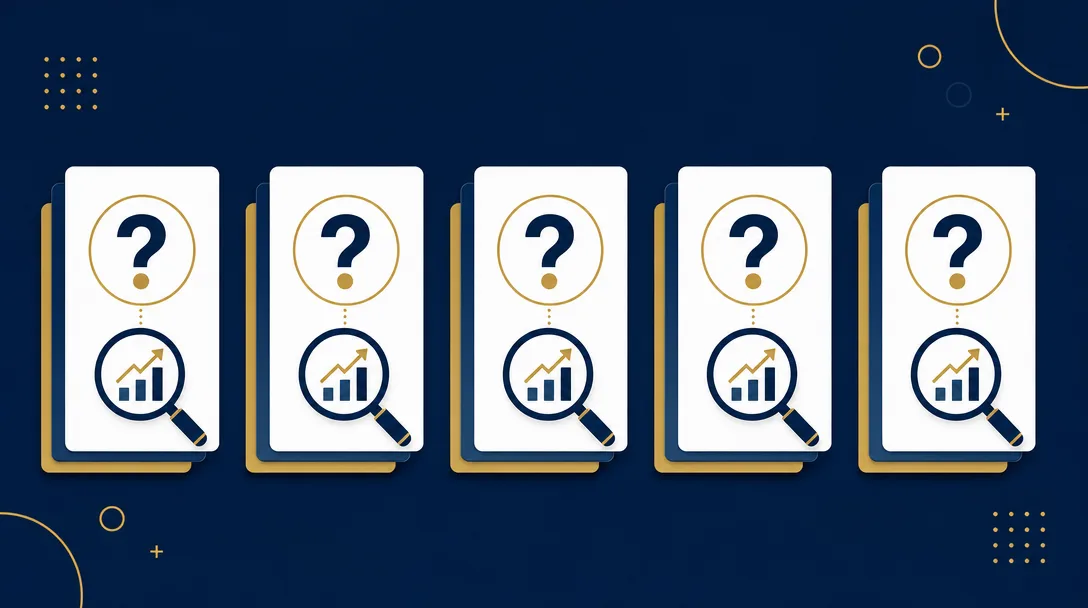 Editorial flat illustration for the frequently asked questions section of a website audit checklist, showing question mark cards, a magnifying glass, and an upward revenue arrow in navy and gold
