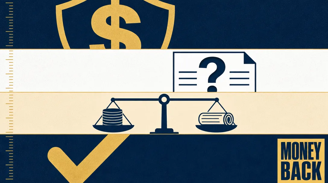 Editorial bento poster with four panels showing a shield with dollar sign, a document with a die-cut question mark, a balance scale weighing coins against a report, and a large checkmark, representing money-back guarantees on digital audits