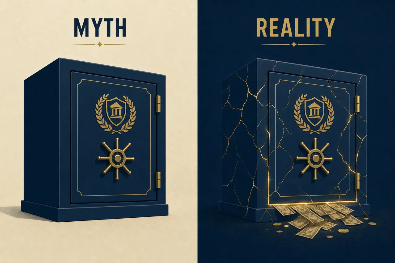 Editorial illustration contrasting a sealed navy vault labeled Myth with the same vault showing glowing gold cracks and leaking revenue in Reality